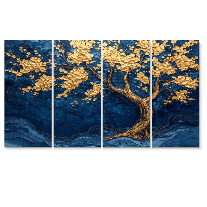 Or et bleu majestueux tronc d'arbre - ensemble d'art mural en toile de tilleul américain, H 32 po x l 64 po