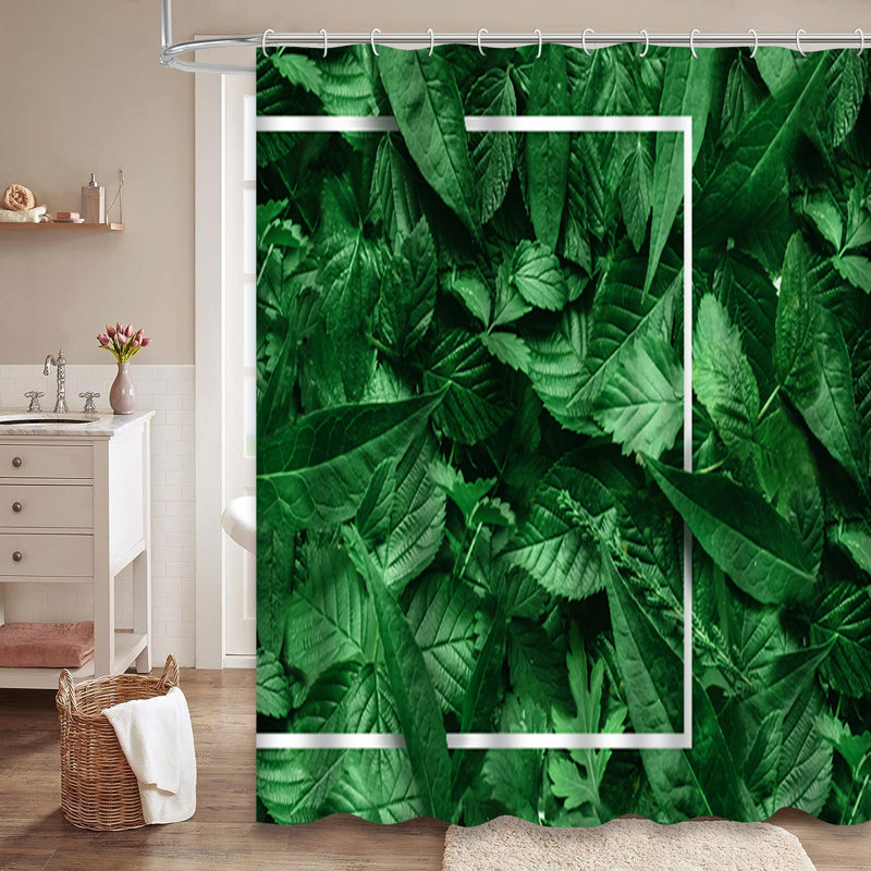 Rideau de douche vert à motif de feuilles vertes tropicales avec 12 crochets, L 72 po x l 72 po