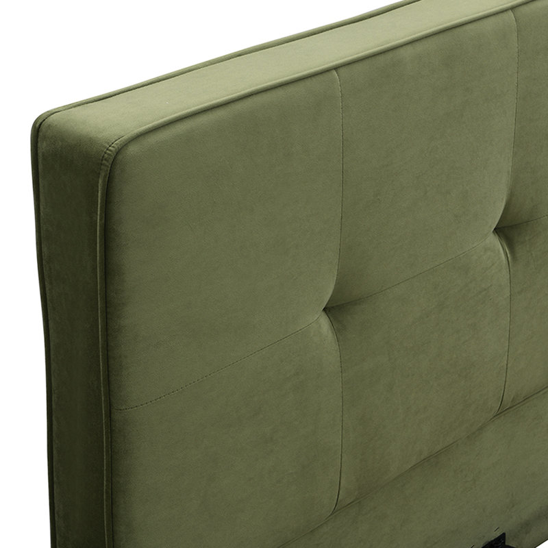 Structure de lit en velours olive, plateforme tapissier de très grande taille avec tête de lit large et capitonnage arrondi profond, coins carrés doux, sans sommier, assemblage facile pour un lit pour 2 adultes, tête de lit courbée,