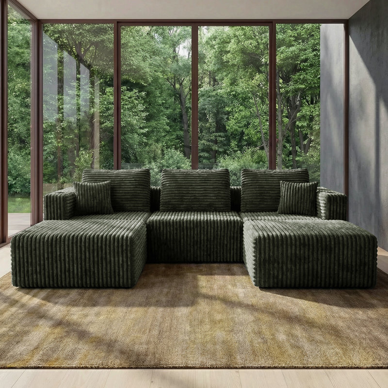 Canapé d'angle modulaire moderne Aldora 101,6 po en velours côtelé avec ressorts ensachés, aucun assemblage requis, comprend les accoudoirs gauche et droit et le siège central pour le salon