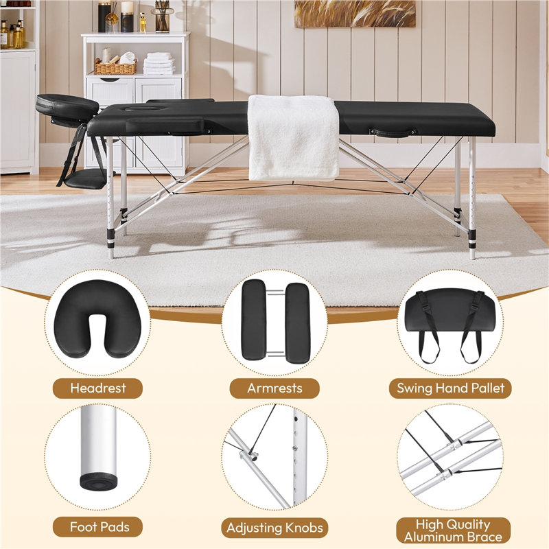 Table de massage portative réglable en aluminium, Noir