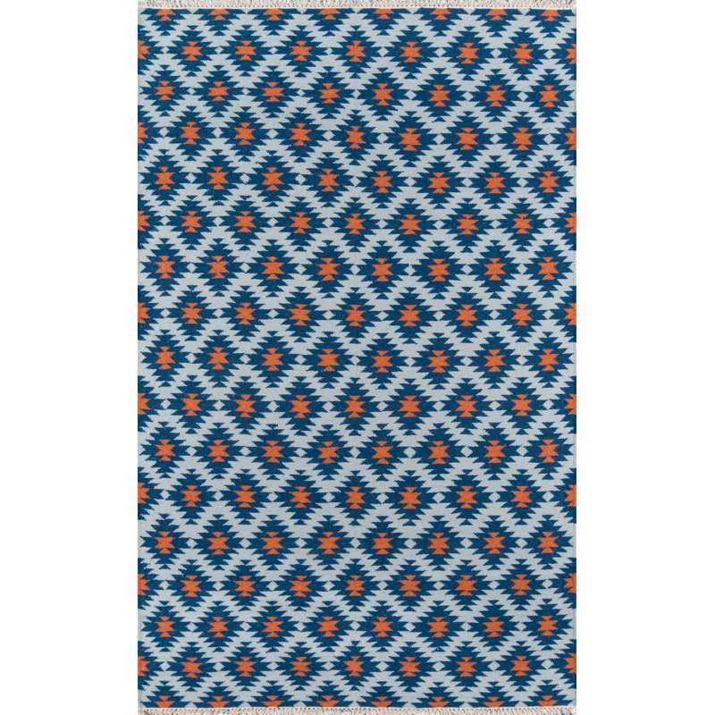 Tapis bleu marine en laine tissé à plat à la main Thompson Newbury, Rectangle 7 pi 6 po x 9 pi 6 po
