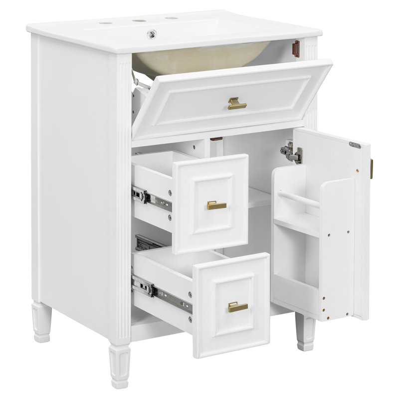 Meuble-lavabo 24 po avec lavabo blanc, meuble-lavabo avec un tiroir rabattable et deux tiroirs, tablette réglable, Blanc