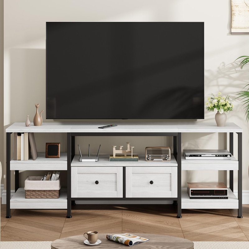 Meuble télé blanc avec meuble télé 63 po avec structure en métal, 2 tiroirs en tissu et tablettes de rangement ouvertes