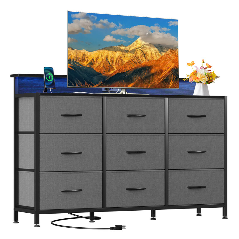 TV Stand for up to 55 inch TV, Entertainment Center with LED Lights & Charging Station, TV Media Console Table with 9 Fabric Drawers and Open Shelves, Storage Dresser