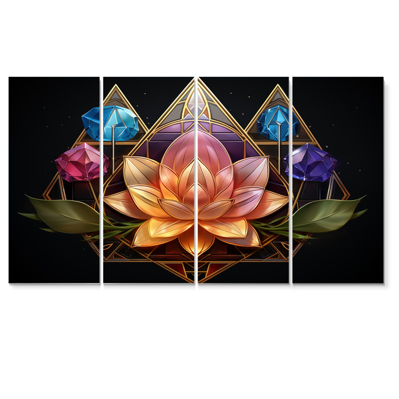 Motif géométrique de lotus rose géométrique et de cristaux mauves bleus - lotus 4 pièces, H 32 po x l 64 po