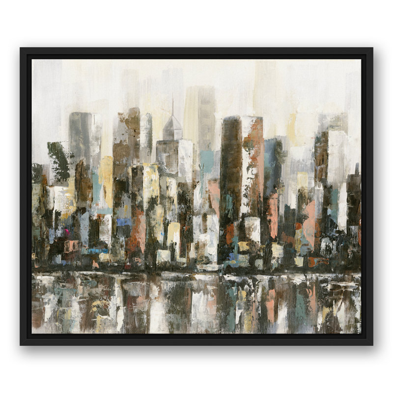 Paysage urbain réfléchissant - Peinture, H 21,75 po x l 25,75 po x P 1,75 po, Toile à cadre flottant noir
