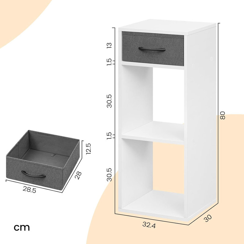 Bookcase with 3 levels, free -standing shelf with 1 fabric drawer, 2 cubes, open shelf, small storage shelf, White