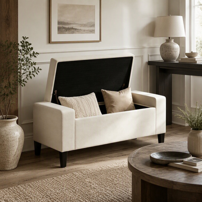 Linen Upholstered Bench with Flip Top