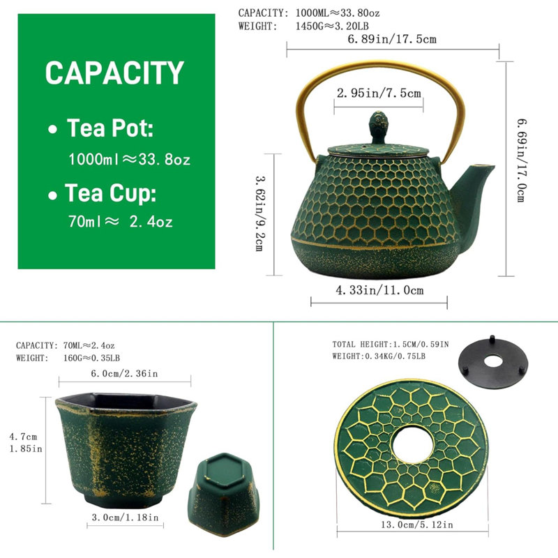 Ensemble de théière en fonte Ensemble de théières à motif hexagonal avec tasses recouvertes d'une théière en fonte durable avec infuseur en acier inoxydable