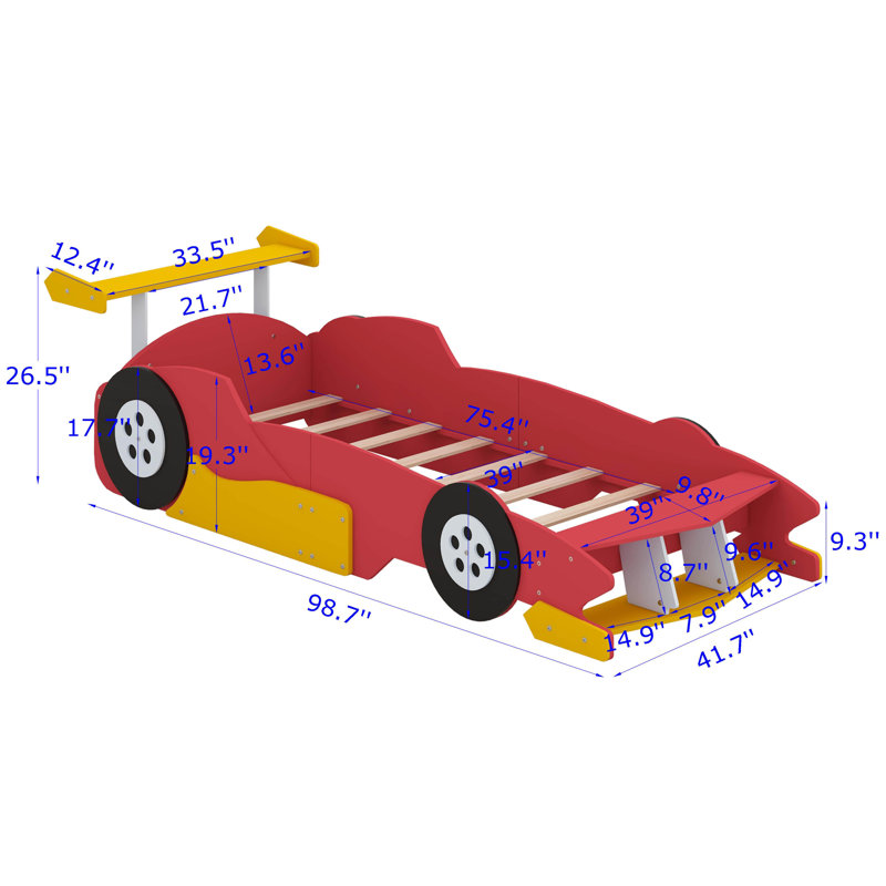 Lit plateforme en forme de voiture de course avec roues, Simple, Rouge