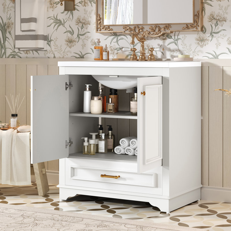 Meuble-lavabo de 30 pouces avec lavabo en céramique - bois massif + panneau de fibres à densité moyenne - 1 pièce - autoportant - blanc - portes à fermeture douce et tablette réglable
