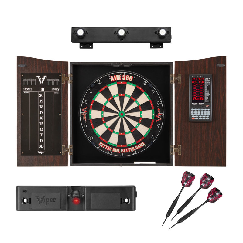 Armoire de jeu de fléchettes Viper Vault Deluxe avec score Pro intégré, jeu de fléchettes AIM 360, lumière de ligne de jet et jeu de lumières Shadow Buster, finition noyer