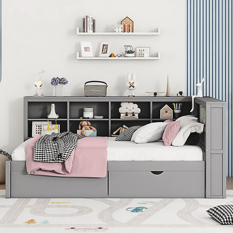 Lit de jour moderne double avec 2 tiroirs, lit de jour avec tablette de rangement et ports de chargement USB