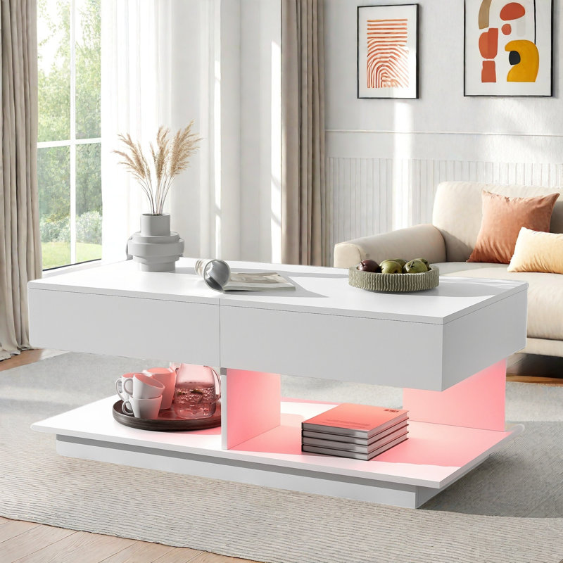 Table basse extensible avec plusieurs compartiments de rangement, bande à DEL de 16 couleurs et base robuste, Blanc