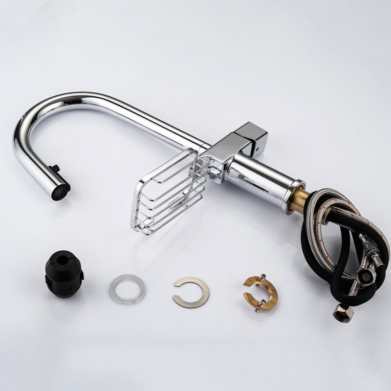 Robinet de cuisine en acier inoxydable à un trou à finition arquée à un trou avec fonction double, pivotant sur 360 ° et rangement pour couverts en acier