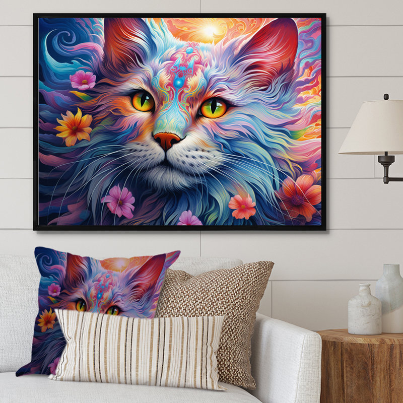 Portrait d'un chat majestueux avec des fleurs, Cadre flottant noir, H 24 po x l 32 po
