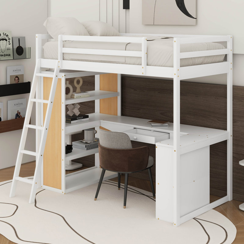 Lit mezzanine simple avec échelle, tablettes et bureau