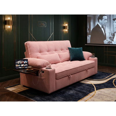 Canapé inclinable rembourré de 58 po avec table pliable, causeuse convertible double avec port USB intégré et porte-gobelets,