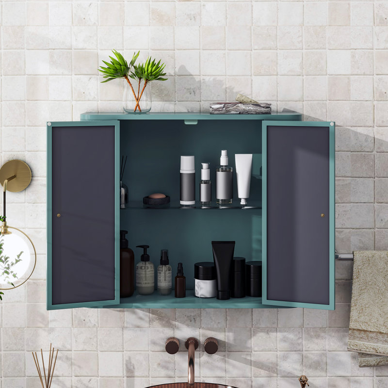 Armoire de salle de bain murale à miroir avec porte d'armée, 2 portes, compartiment de rangement pour meuble-lavabo, charnières à fonctionnement en douceur avec portes en miroir et style ouvert, installation peu encombrante, structure en acier
