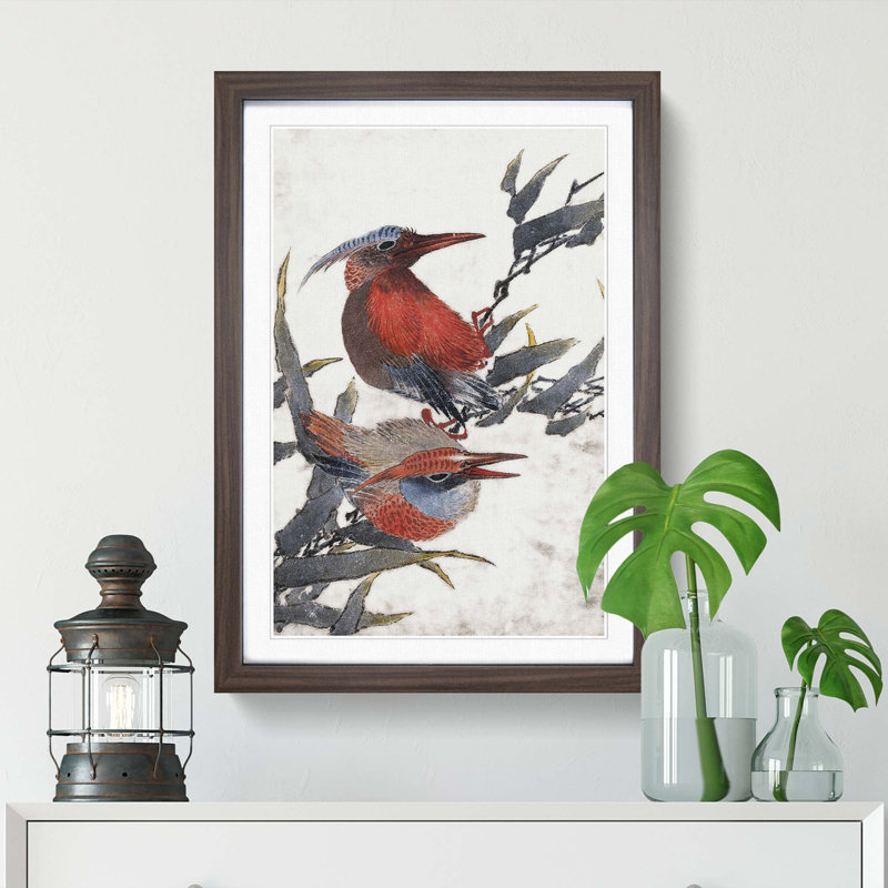 Two Birds by Katsushika Hokusai - Picture Frame Painting Print, 36cm H x 27cm W x 2cm D, Walnut Framed