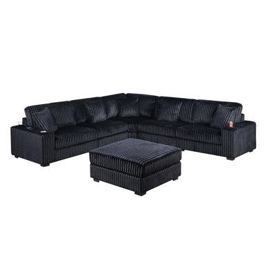 Contemporary Style 6-Pc Modular Sectional Sofa Set Usb Cup Holder Black Finish Corduroy Living Room Furniture Couch