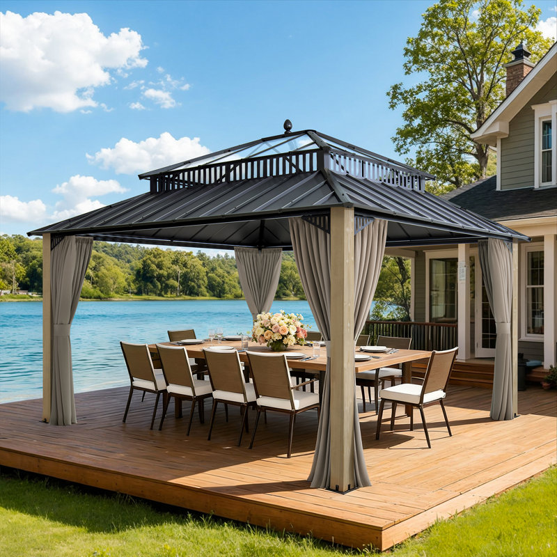 SUNJOY Kingston 14x12 Gazebo, Steel & PC Roof Hardtop Gazebo with Curtain and Netting - Cedar Posts, 14x12