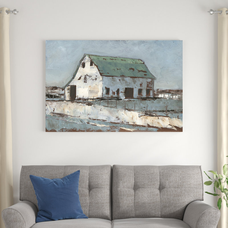 «Plein Air Barn II», peinture sur toile, H 32 po x l 48 po, Papier avec cadre photo noyer, Oui