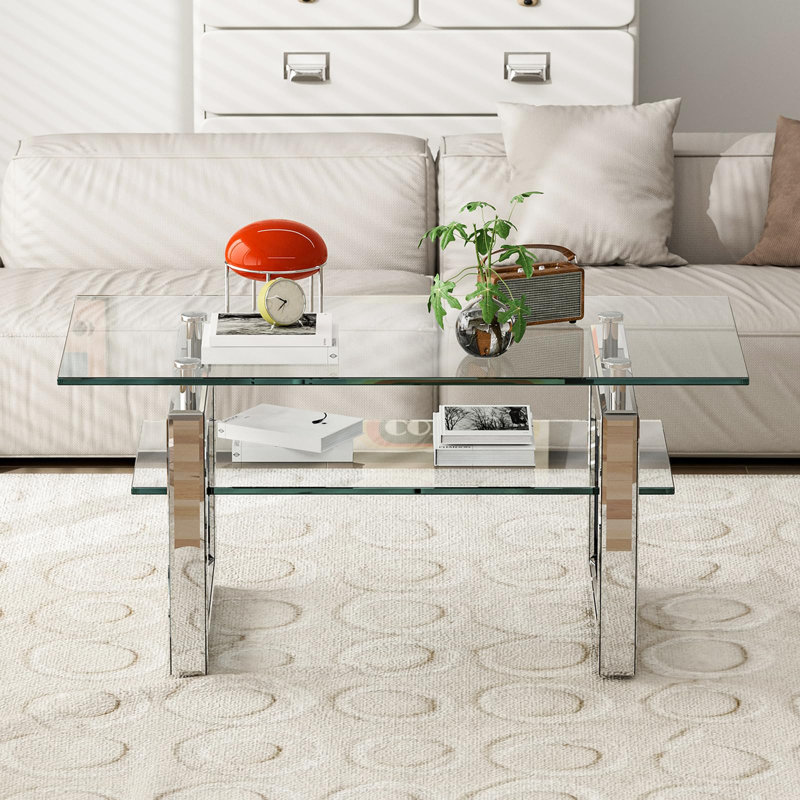 Glass Coffee Table With 2 Tier Glass Boards & Sturdy Metal Legs, Mirrored Clear Rectangle Glass End Table Coffee Tea Table For Home Office