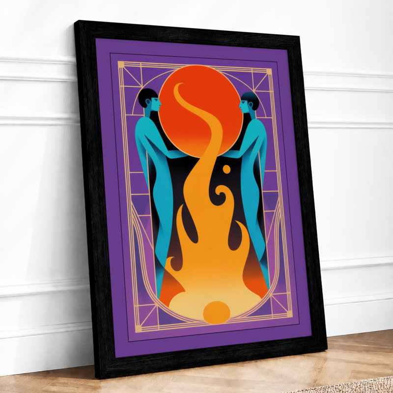 Figures Around Flame Modern - Framed Print, Black, A4 - 29.7 x 21.0 cm