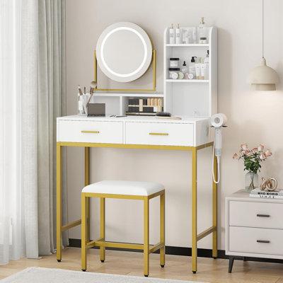 Vanity Desk with Mirror and Light, Makeup Vanity Desk with Rotating Mirror, 3 Colors Adjustable Light, Wood Vanity with 2 Drawers, Stool, Power Outlet by Latitude Run