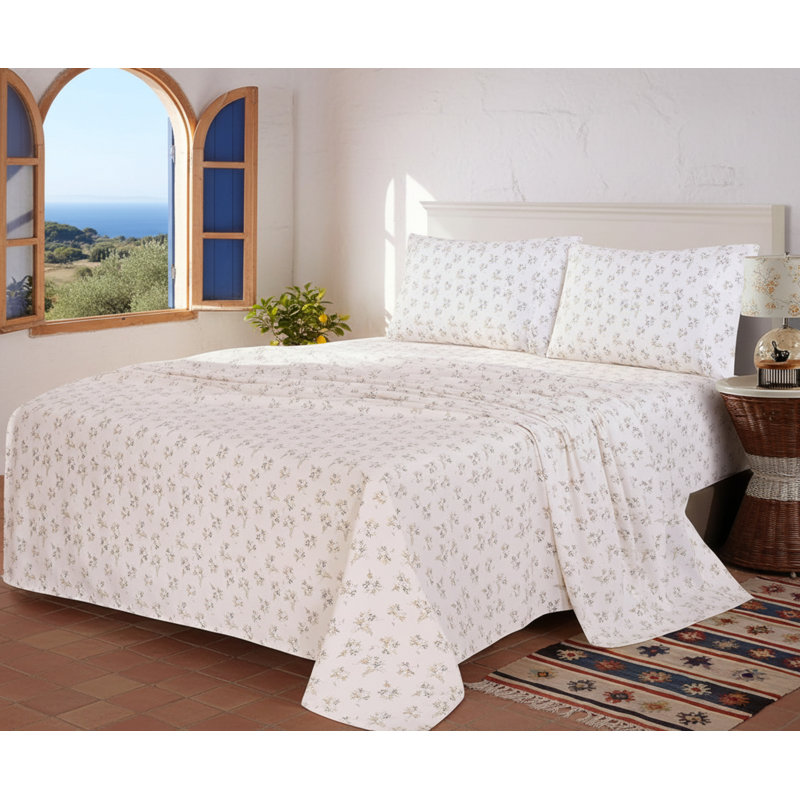 Floral Patterned Combed Cotton Four-Piece Bedding Set, Large Size, Cool, Soft, And Durable, With 16-Inch Deep Pockets, Fits A Single Spring Mattress.