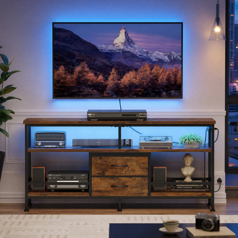 55" TV Stand with Charging Station and Led Lights for TVs up to 65", Brown, 55.1"W x 11.8"H x 23.6"D