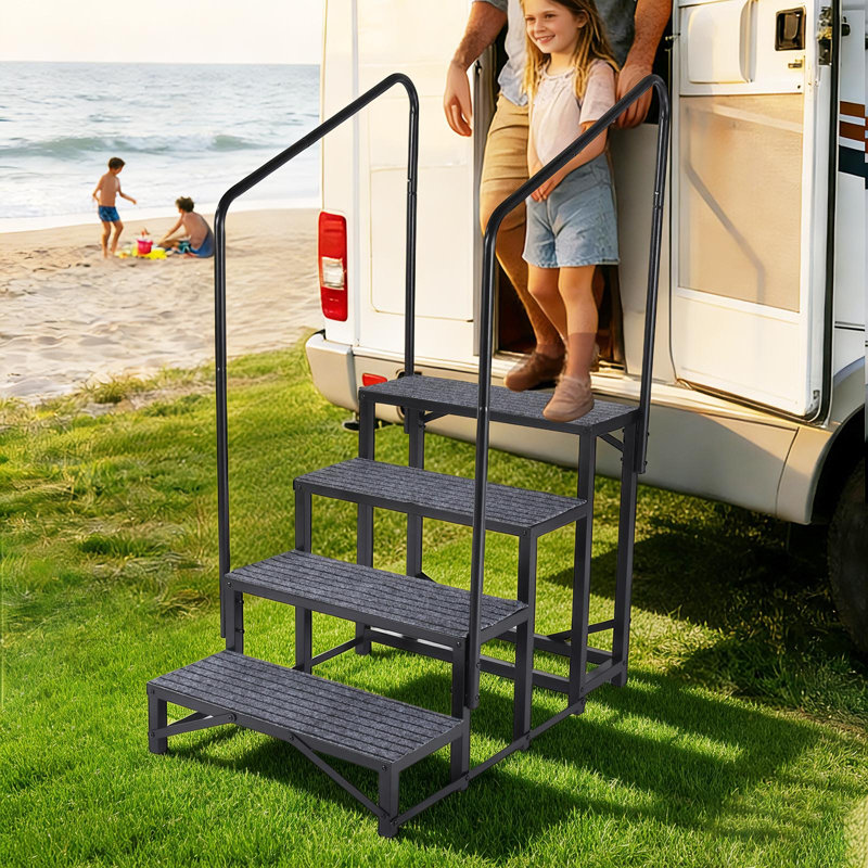 RV Steps Spa Steps with Handrail -4 Step Hot Tub Steps Trailer Steps Mobile Home Stairs for 5th Wheel RV, Trailer, Hot Tub, Pool, Porch with Non-Slip Mats