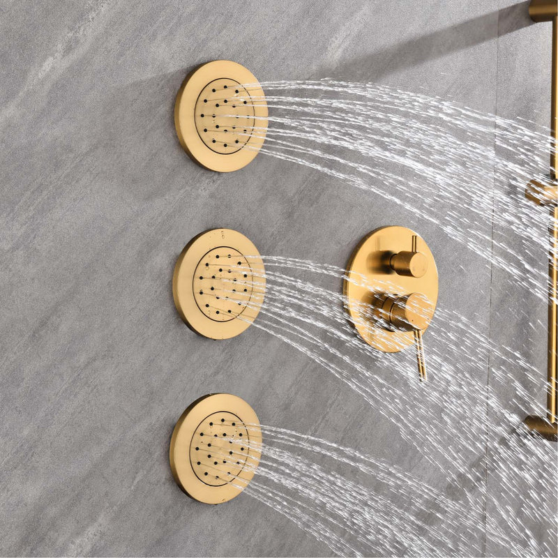 Brushed Gold Shower System With Fashionable Bodysprays, Arm & Hose Modern In Functional Lever Handles Bodysprays