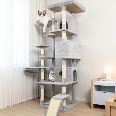 Tour pour chat grise avec condos, poteaux à griffer et plateforme supérieure - 84 po, arbre à chat, poteaux à griffes couverts, chat