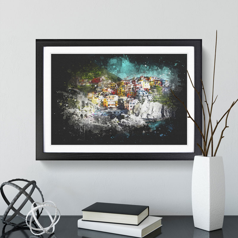 Cinque Terre In Italy Paint Splash - Picture Frame Graphic Art, 62cm H x 87cm W x 2cm D, Black Framed
