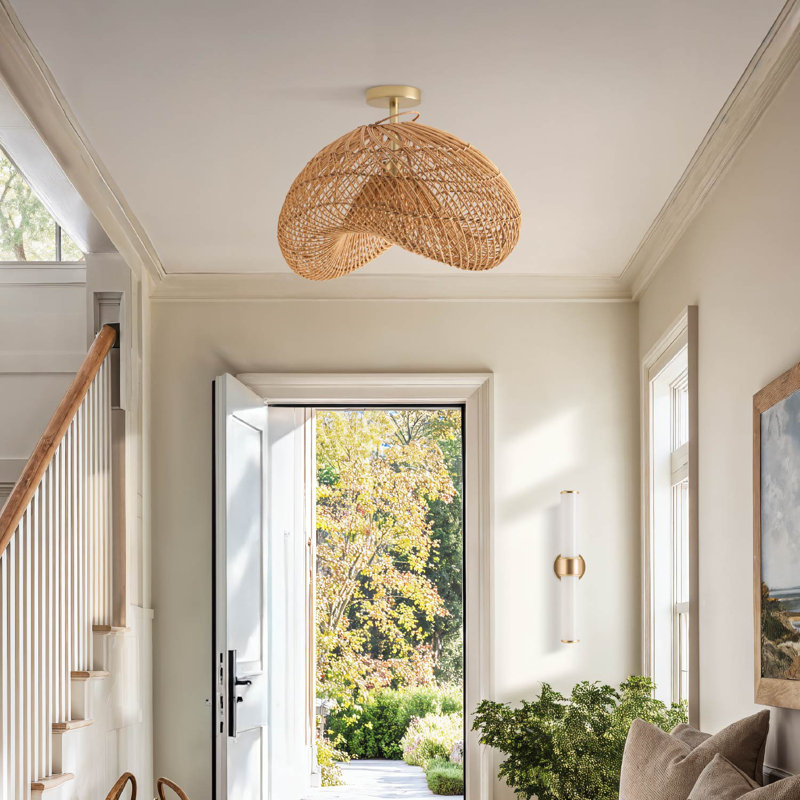 Sepherina Rattan Flush Mount – Rattan & Natural Sculptural 1-Light Semi Flush Mount Handwoven Adjustable Ceiling Light for Kitchen Island or Dining Room in Modern, Mid-Century, and Contemporary Style
