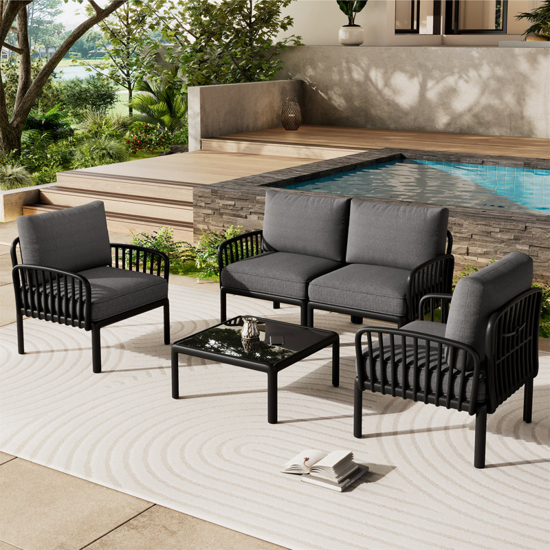 5 Piece Patio Conversation Sets, Dark Gray, Black