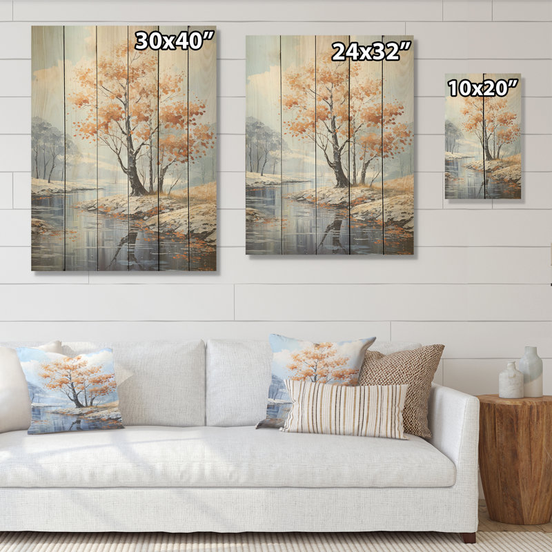 Arbre d'érable sur bois de pin naturel aux tons de bleu doux, H 20 po x l 10 po