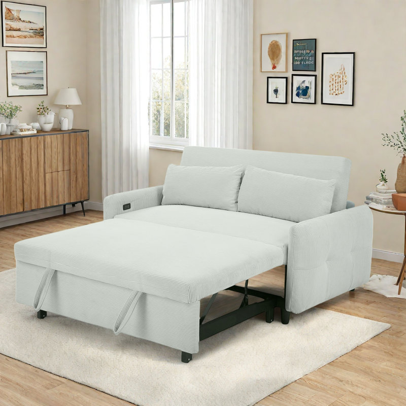 Canapé-lit coulissant avec deux coussins décoratifs, ports USB, dossier réglable à 3 niveaux