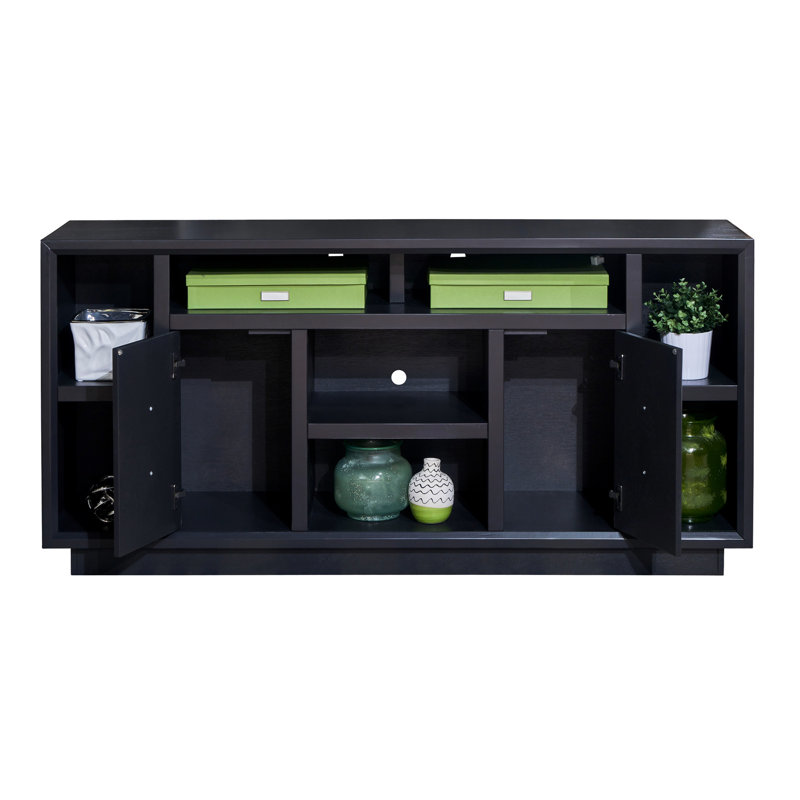 Console 67 po, noire, pouvant accueillir des téléviseurs de 80 po, sans assemblage, style contemporain et options de rangement fonctionnelles, finition noire 67 po, moderne pratique