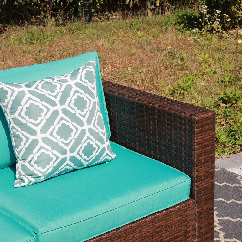 Gerdt 59.2'' Wide Wicker Loveseat with Cushions, Blue Cushion//Brown Frame