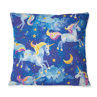 Motif de licorne bleu et jaune pour enfants - Coussin décoratif pour enfants