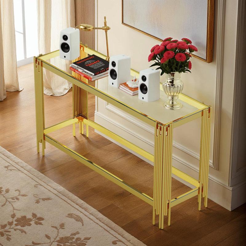 Console de luxe avec tablettes en verre à deux niveaux, Or