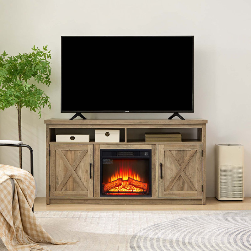 Meuble télé Farmhouse jusqu'à 65 po, console de divertissement avec foyer encastré de 18 po, Brun