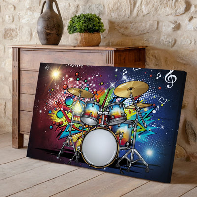 Toile, œuvre d'art numérique vibrante et dynamique mettant en vedette un ensemble de tambour au premier plan, entouré d'une explosion d'art mural sur toile