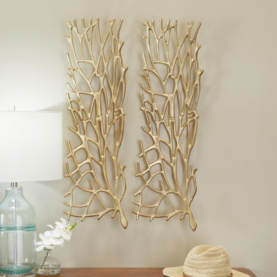 Gold Aluminum Metal Coral Inspired Home Wall Decor, Set of 2 11"W, 33"H