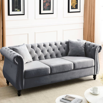 Velvet 3 . Couch With Rolled Arms & Nailhead Trim. Solid Wood Construction, Comfortable Foam. Living Room, Bedroom, Office Furniture. 250Lbs Capacity. Assembly Required Velvet. 3 Seater