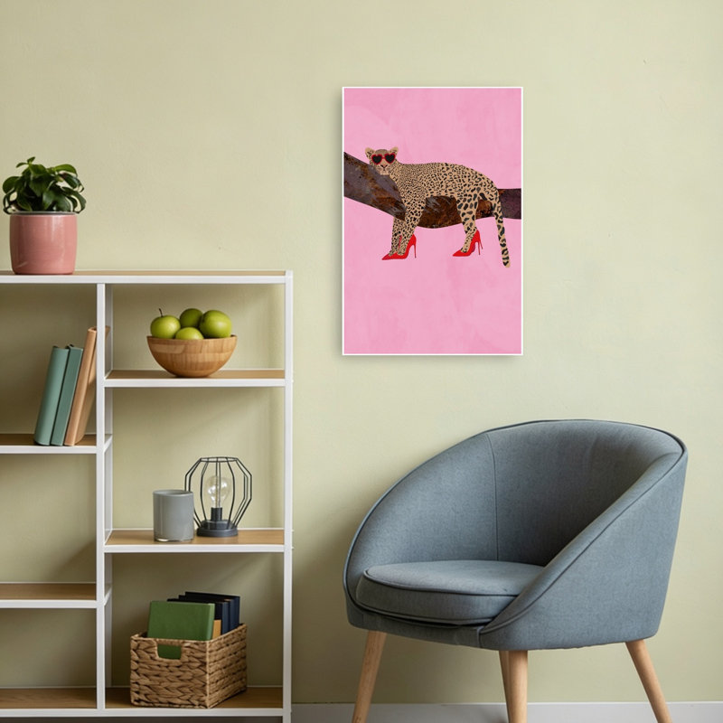 «Chic Leopard In Heels Modern Playful Abstract Cat Animal Tree», reproduction d'art murale, 24" H x 16" W